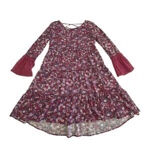 art class Girl's XL Purple White/Blue Floral Print Bell Sleeves Rayon Dress